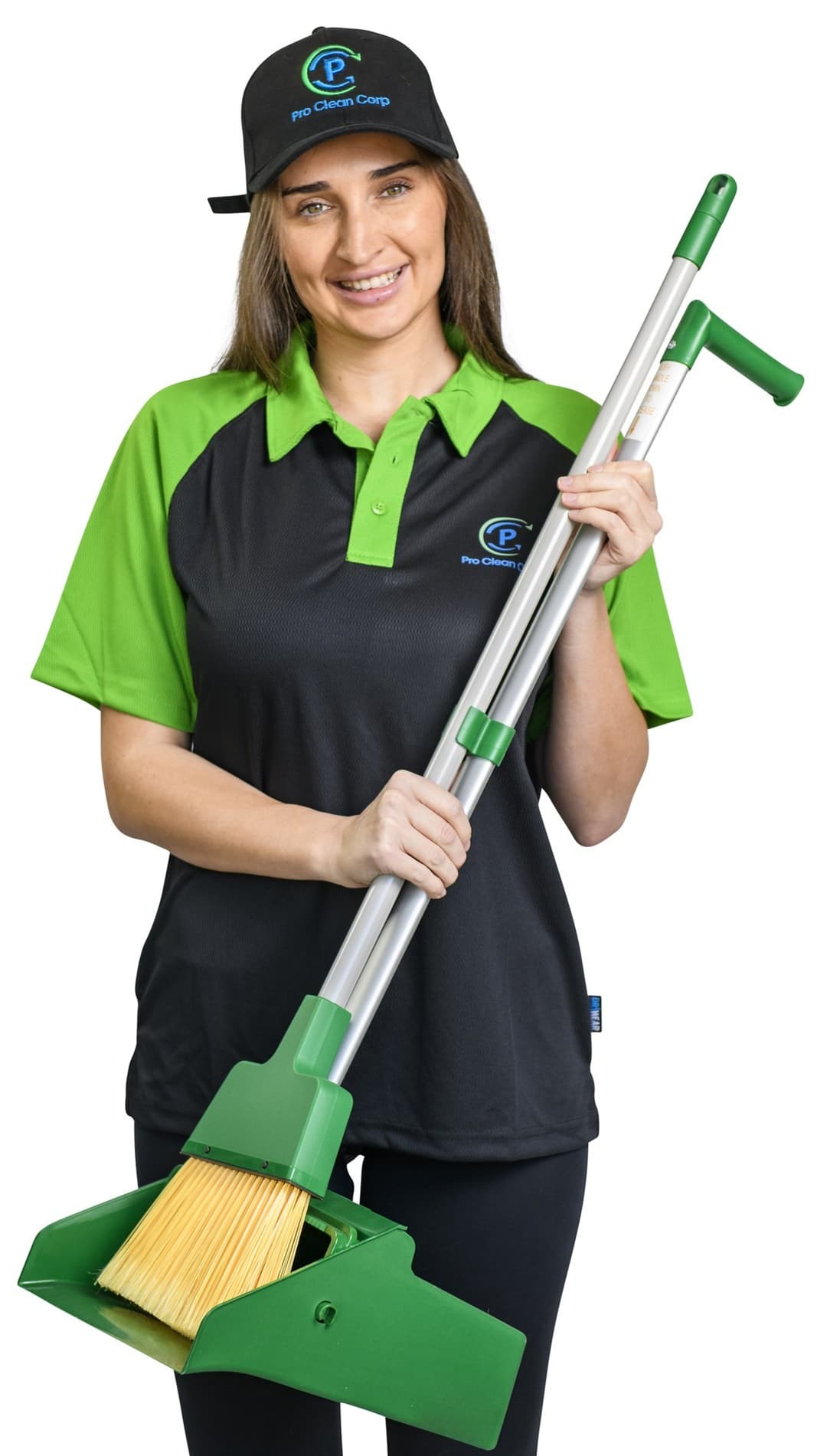 Professional cleaner with broom and dustpan